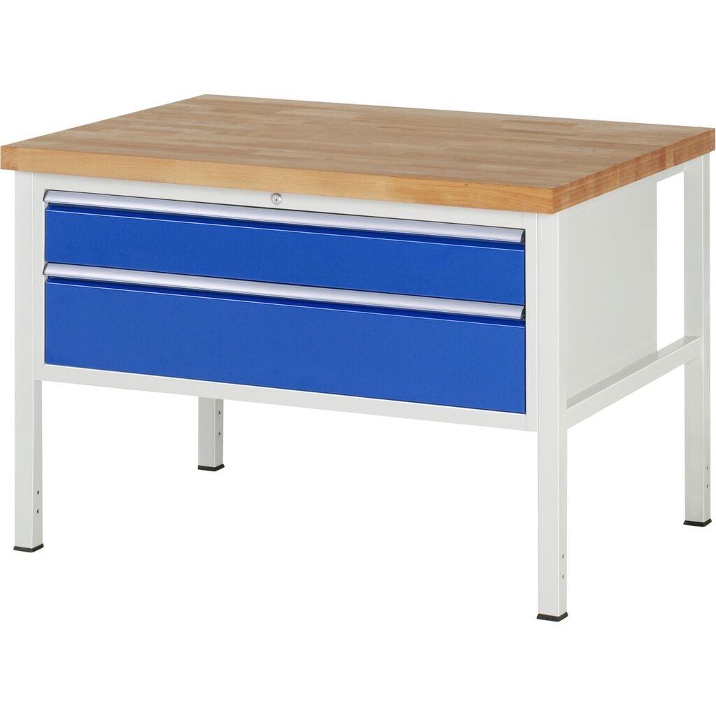 Produktabbildung: RAU Werkbank Serie 8000, HxBxT 840 x 1.250 x 900 mm, 2 x 90%-Auszug-Schubladen 1 x 150, 1 x 210 mm, Schubladen-TK 50 kg