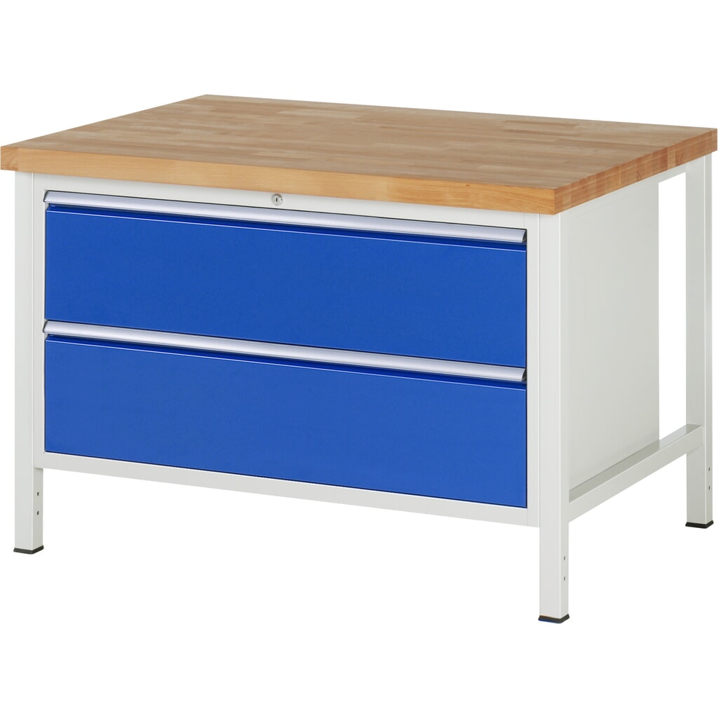 Produktabbildung: RAU Werkbank Serie 8000, HxBxT 840 x 1.250 x 900 mm, 2 x 90%-Auszug-Schubladen 2 x 270 mm, Schubladen-TK 50 kg