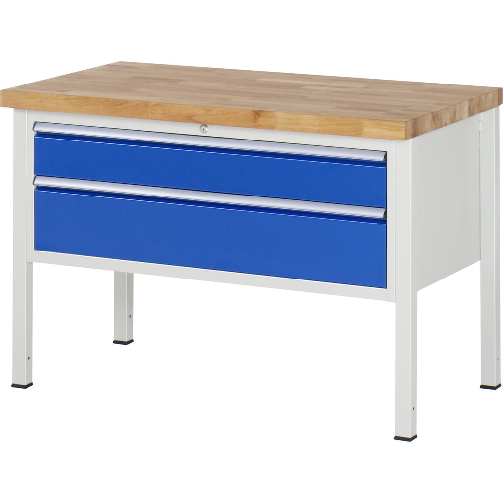 Produktabbildung: RAU Werkbank Serie 8000, HxBxT 840-1.040 x 1.250 x 700 mm, 2 x 100%-Auszug-Schubladen 1 x 150, 1 x 210 mm, Schubladen-TK 50 kg