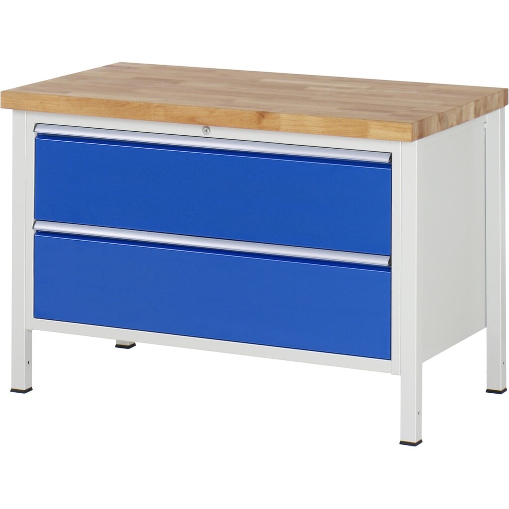 RAU Werkbank Serie 8000, HxBxT 840-1.040 x 1.250 x 700 mm, 2 x 100%-Auszug-Schubladen 2 x 270 mm, Schubladen-TK 50 kg Produktabbildung: RAU Werkbank Serie 8000, HxBxT 840-1.040 x 1.250 x 700 mm, 2 x 100%-Auszug-Schubladen 2 x 270 mm, Schubladen-TK 50 kg