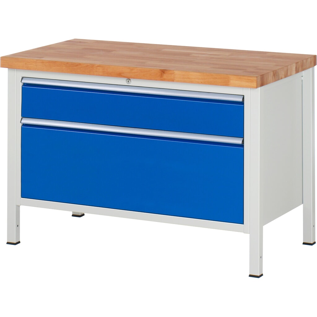 Produktabbildung: RAU Werkbank Serie 8000, HxBxT 840-1.040 x 1.250 x 700 mm, 2 x 100%-Auszug-Schubladen 1 x 180, 1 x 360 mm, Schubladen-TK 50 kg