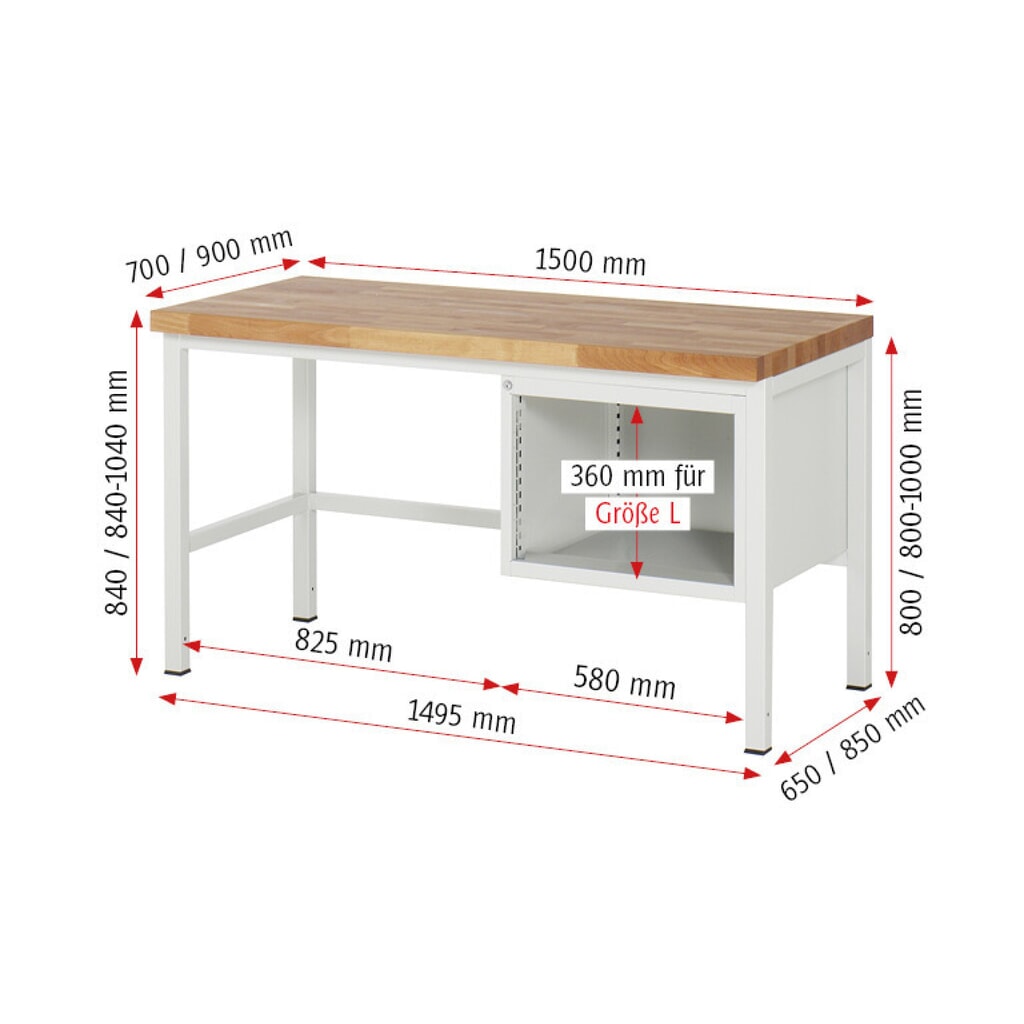 Produktabbildung Nr. 8: RAU Werkbank Serie 8000, HxBxT 840-1.040 x 1.500 x 700 mm, 3 x 90%-Auszug-Schubladen 3 x 120 mm, Breite 490 mm