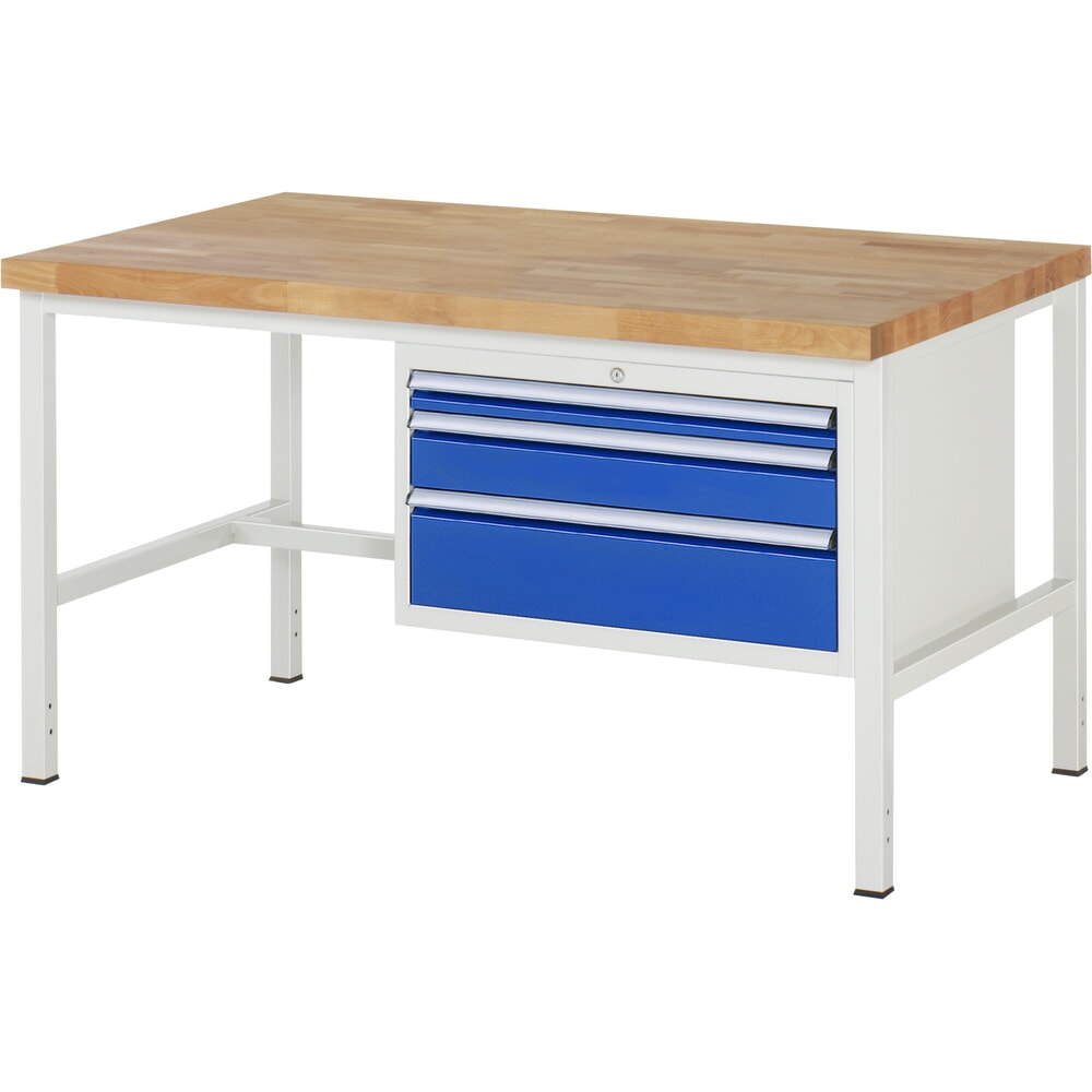 Produktabbildung: RAU Werkbank Serie 8000, HxBxT 840-1.040 x 1.500 x 900 mm, 3 x 100%-Auszug-Schubladen 1 x 60, 1 x 120, 1 x 180 mm, Schubladen-TK 75 kg