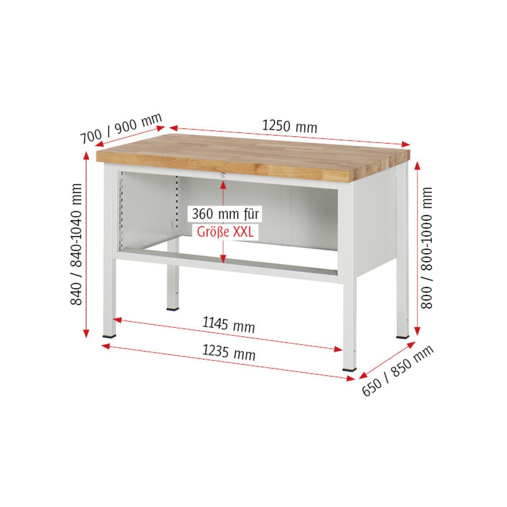 Produktabbildung Nr. 9: RAU Werkbank Serie 8000, HxBxT 840-1.040 x 1.250 x 700 mm, 2 x 100%-Auszug-Schubladen 1 x 150, 1 x 210 mm, Schubladen-TK 50 kg