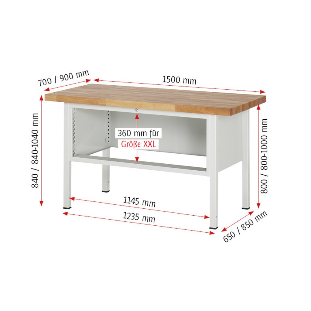 Produktabbildung Nr. 8: RAU Werkbank Serie 8000, HxBxT 840-1.040 x 1.500 x 700 mm, 2 x 100%-Auszug-Schubladen 1 x 150, 1 x 210 mm, Schubladen-TK 50 kg