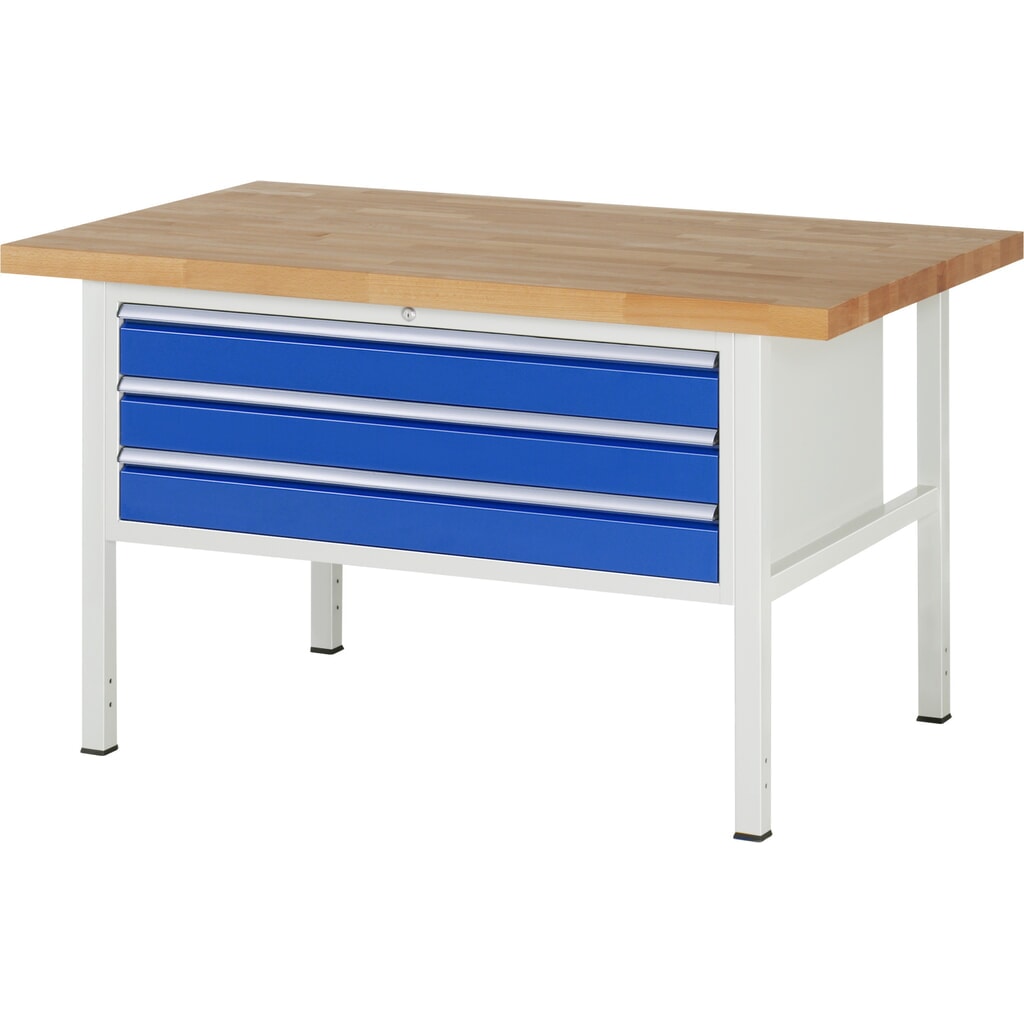RAU Werkbank Serie 8000, HxBxT 840-1.040 x 1.500 x 900 mm, 3 x 100%-Auszug-Schubladen 3 x 120 mm, Schubladen-TK 50 kg Produktabbildung: RAU Werkbank Serie 8000, HxBxT 840-1.040 x 1.500 x 900 mm, 3 x 100%-Auszug-Schubladen 3 x 120 mm, Schubladen-TK 50 kg