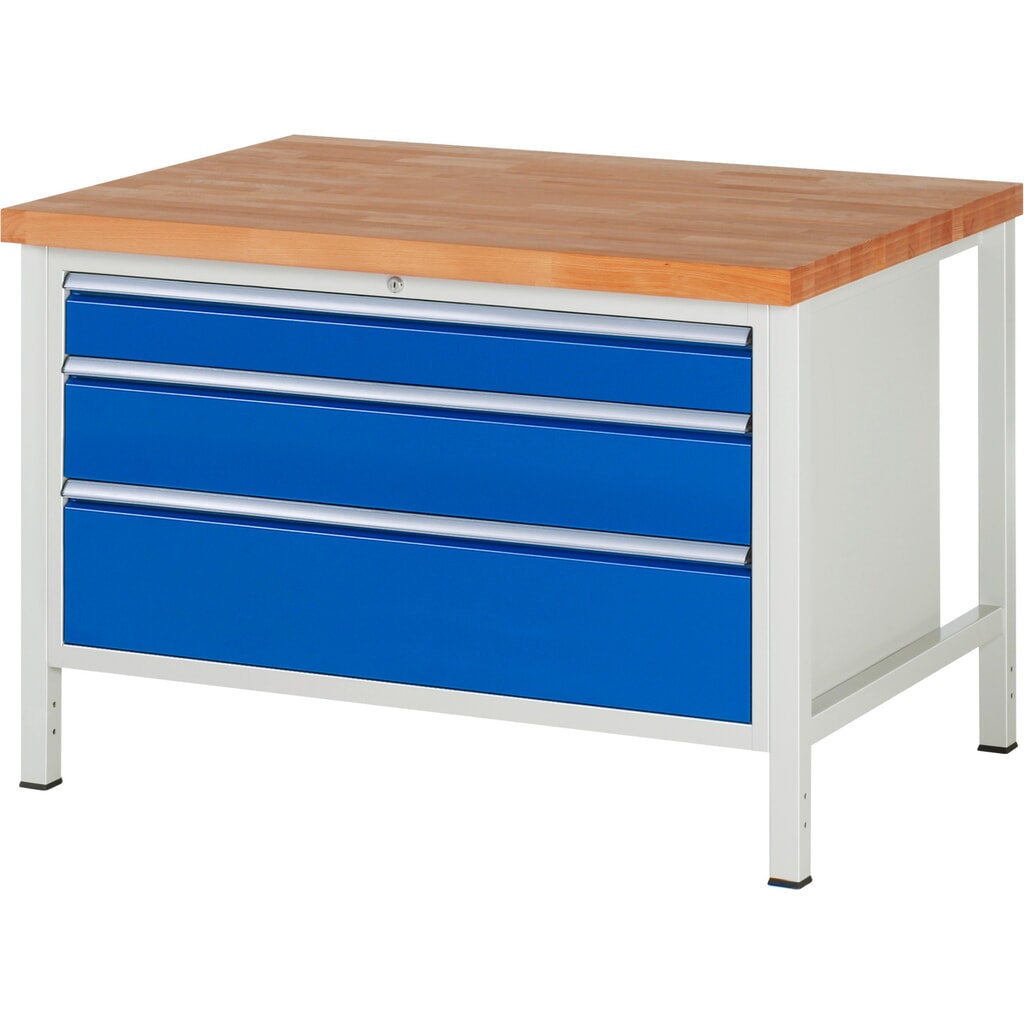 Produktabbildung: RAU Werkbank Serie 8000, HxBxT 840-1.040 x 1.250 x 900 mm, 3 x 100%-Auszug-Schubladen 1 x 120, 1 x 180, 1 x 240 mm, Schubladen-TK 50 kg