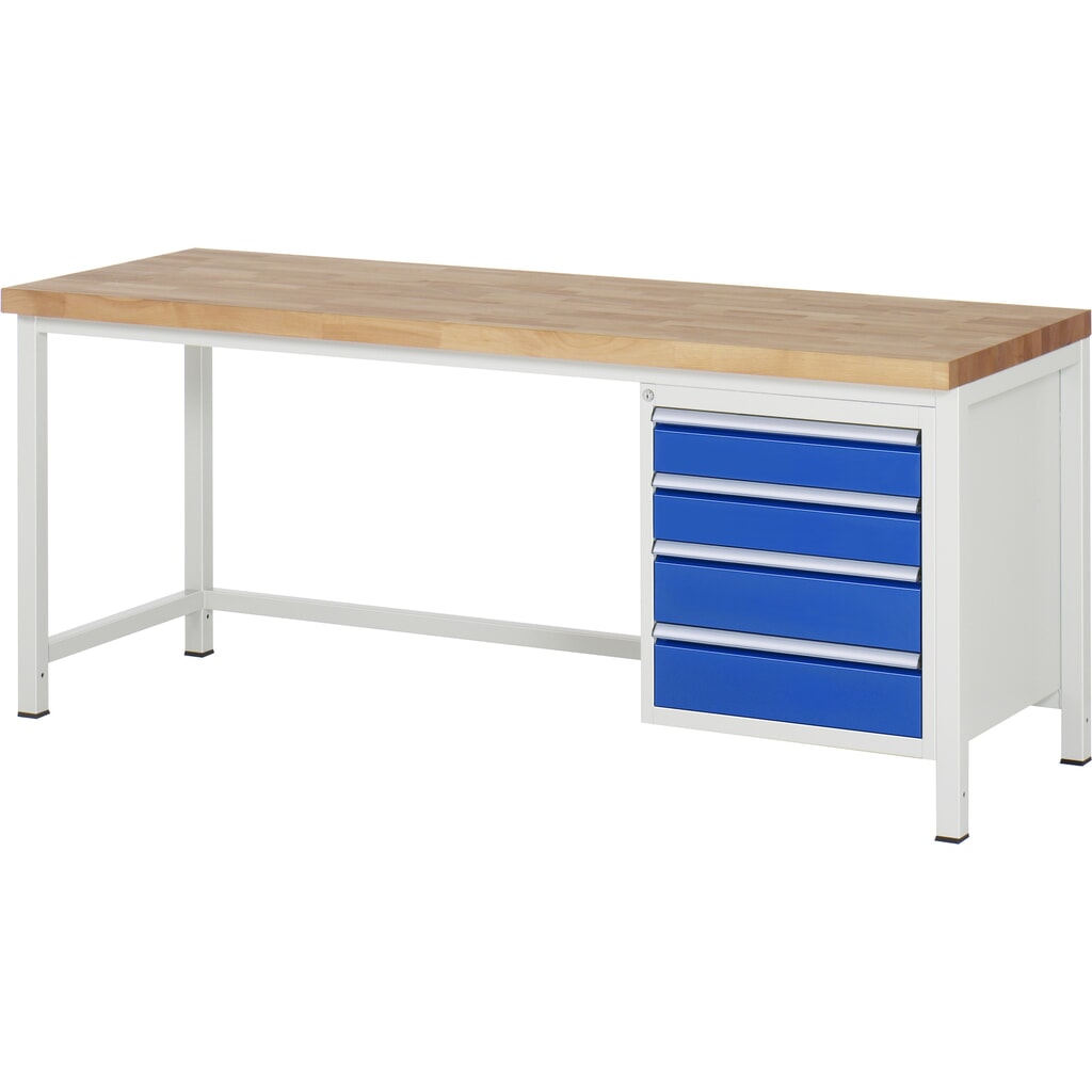 Produktabbildung: RAU Werkbank Serie 8000, HxBxT 840-1.040 x 2.000 x 700 mm, 4 x 90%-Auszug-Schubladen 2 x 120, 2 x 150 mm, Breite 490 mm