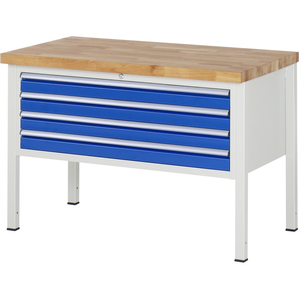 RAU Werkbank Serie 8000, HxBxT 840-1.040 x 1.250 x 700 mm, 4 x 90%-Auszug-Schubladen 4 x 90 mm, Breite 1.055 mm Produktabbildung: RAU Werkbank Serie 8000, HxBxT 840-1.040 x 1.250 x 700 mm, 4 x 90%-Auszug-Schubladen 4 x 90 mm, Breite 1.055 mm