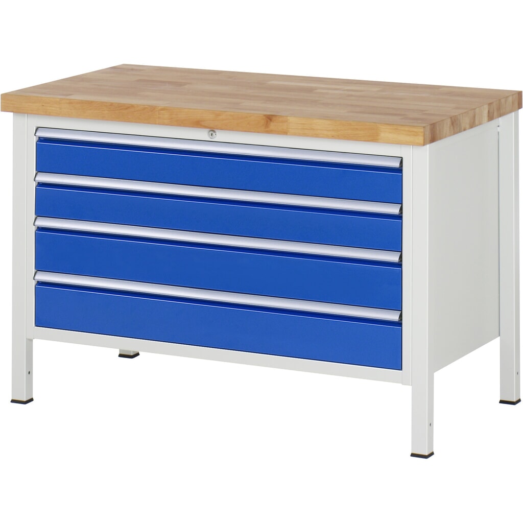 Produktabbildung: RAU Werkbank Serie 8000, HxBxT 840 x 1.250 x 700 mm, 4 x 90%-Auszug-Schubladen 2 x 120, 2 x 150 mm, Schubladen-TK 50 kg