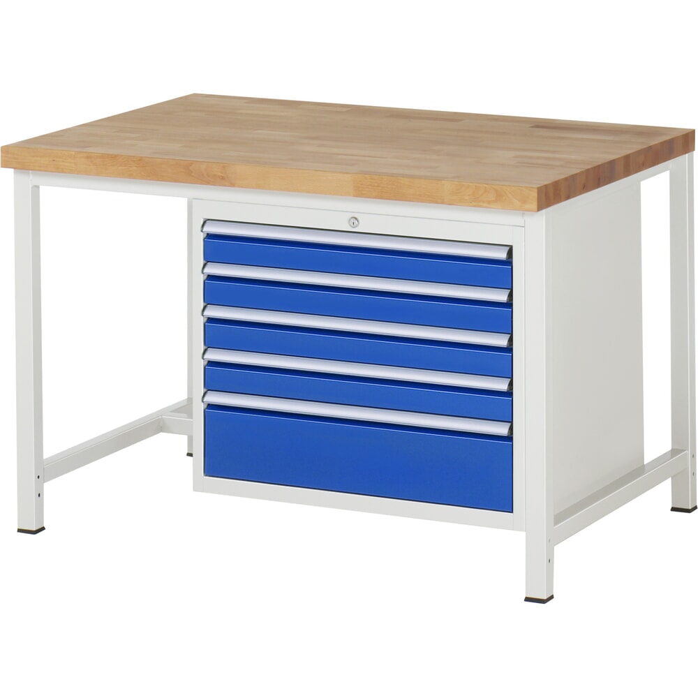 Produktabbildung: RAU Werkbank Serie 8000, HxBxT 840 x 1.250 x 900 mm, 5 x 100%-Auszug-Schubladen 4 x 90, 1 x 180 mm, Schubladen-TK 75 kg