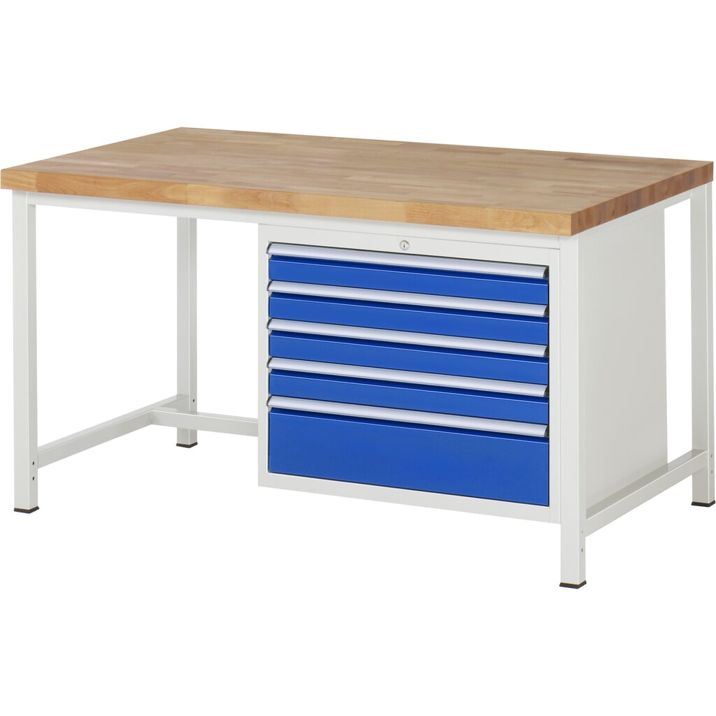 Produktabbildung: RAU Werkbank Serie 8000, HxBxT 840 x 1.500 x 900 mm, 5 x 90%-Auszug-Schubladen 4 x 90, 1 x 180 mm, Schubladen-TK 75 kg