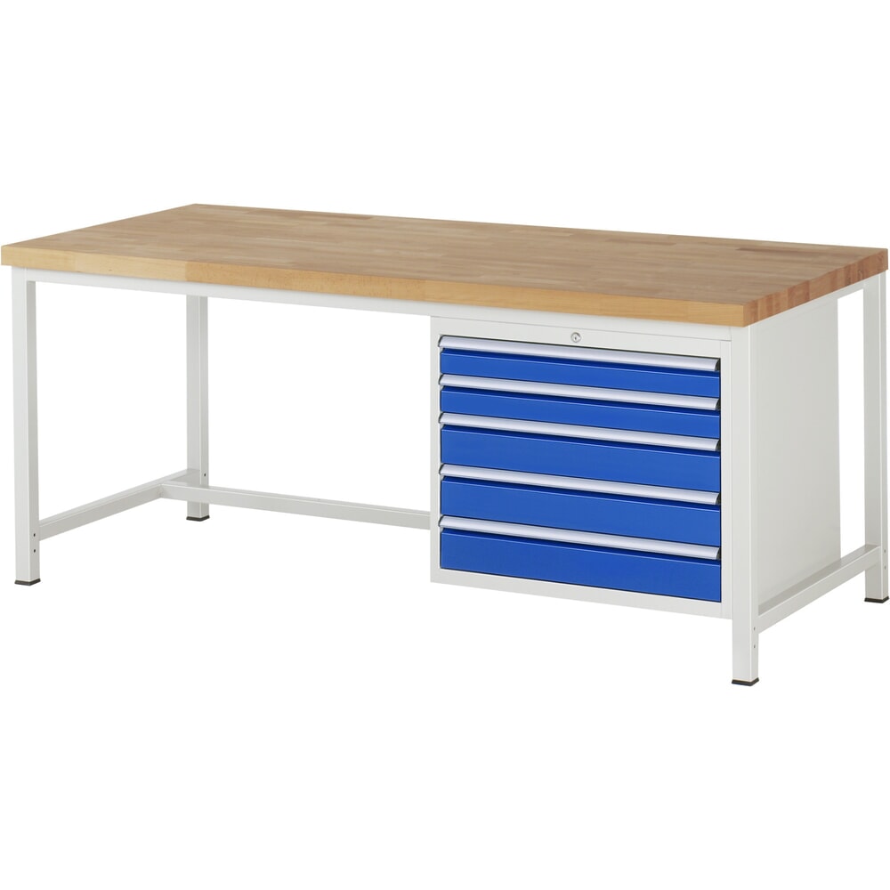 Produktabbildung: RAU Werkbank Serie 8000, HxBxT 840 x 2.000 x 900 mm, 5 x 90%-Auszug-Schubladen 2 x 90, 3 x 120 mm, Schubladen-TK 75 kg