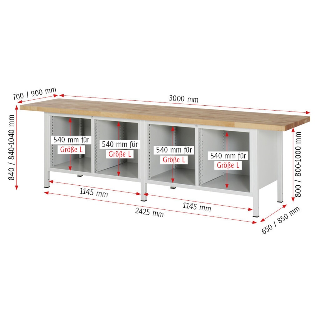 Produktabbildung Nr. 7: RAU Werkbank Serie 8000, 2 Doppel-Container, 4 Flügeltüren, HxBxT 840-1.040 x 3.000 x 700 mm