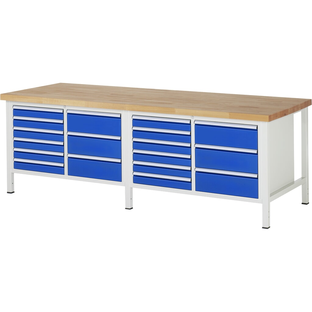 RAU Werkbank Serie 8000, 2 Doppel-Container, HxBxT 840-1.040 x 2.500 x 900 mm, 18 x 90%-Auszug-Schubladen Produktabbildung: RAU Werkbank Serie 8000, 2 Doppel-Container, HxBxT 840-1.040 x 2.500 x 900 mm, 18 x 90%-Auszug-Schubladen