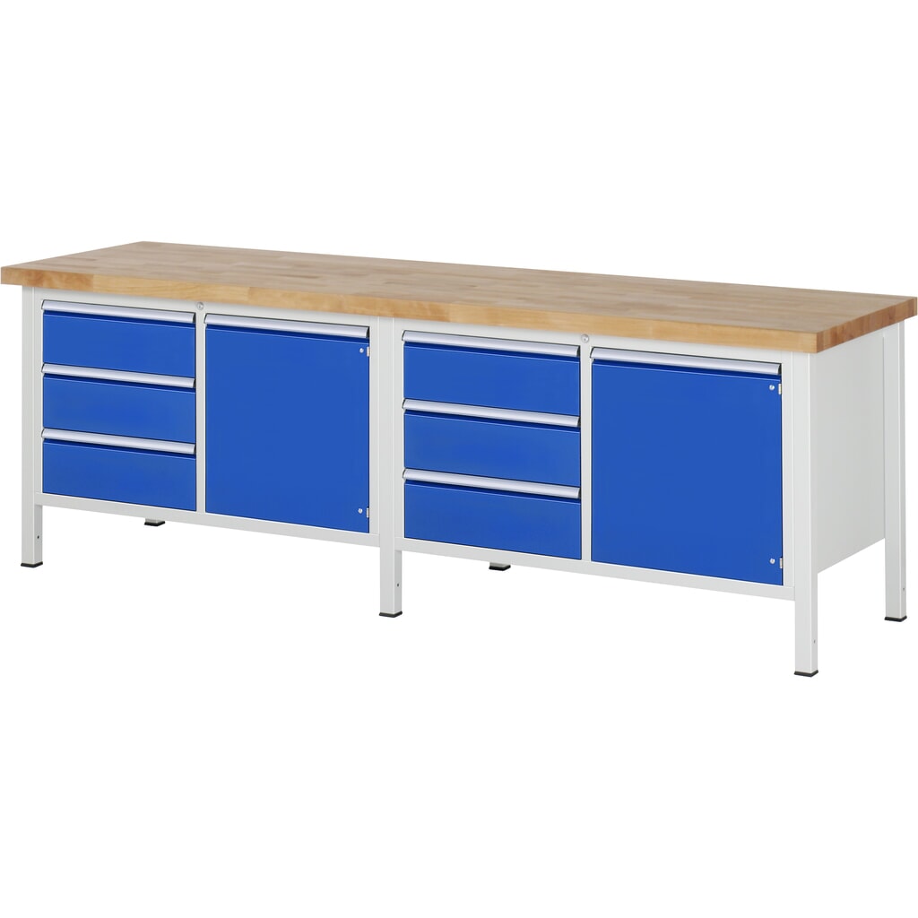 RAU Werkbank Serie 8000, 2 Doppel-Container, 2 Flügeltüren, HxBxT 840 x 2.500 x 700 mm, 6 x 90%-Auszug-Schubladen Produktabbildung: RAU Werkbank Serie 8000, 2 Doppel-Container, 2 Flügeltüren, HxBxT 840 x 2.500 x 700 mm, 6 x 90%-Auszug-Schubladen
