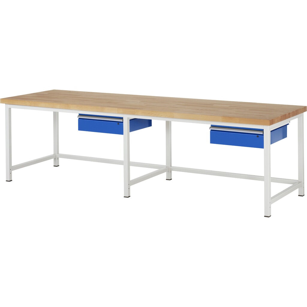 RAU Werkbank Serie 8000, HxBxT 840-1.040 x 3.000 x 900 mm, 2 Schubladen Produktabbildung: RAU Werkbank Serie 8000, HxBxT 840-1.040 x 3.000 x 900 mm, 2 Schubladen