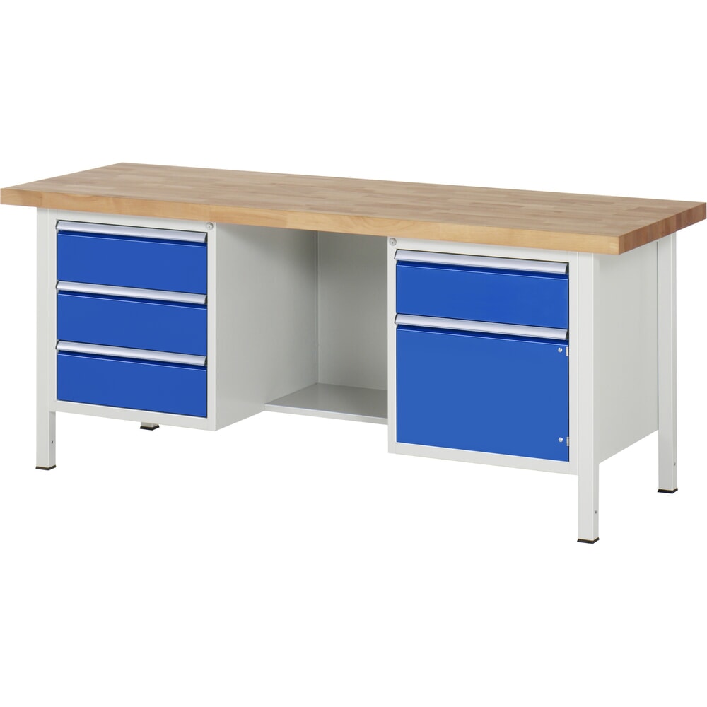 Produktabbildung Nr. 1: RAU Werkbank Serie 8000, 2 Container, 1 Ablageboden, 1 Flügeltür, HxBxT 840-1.040 x 2.000 x 700 mm, 4 x 90%-Auszug-Schubladen 4 x 180 mm