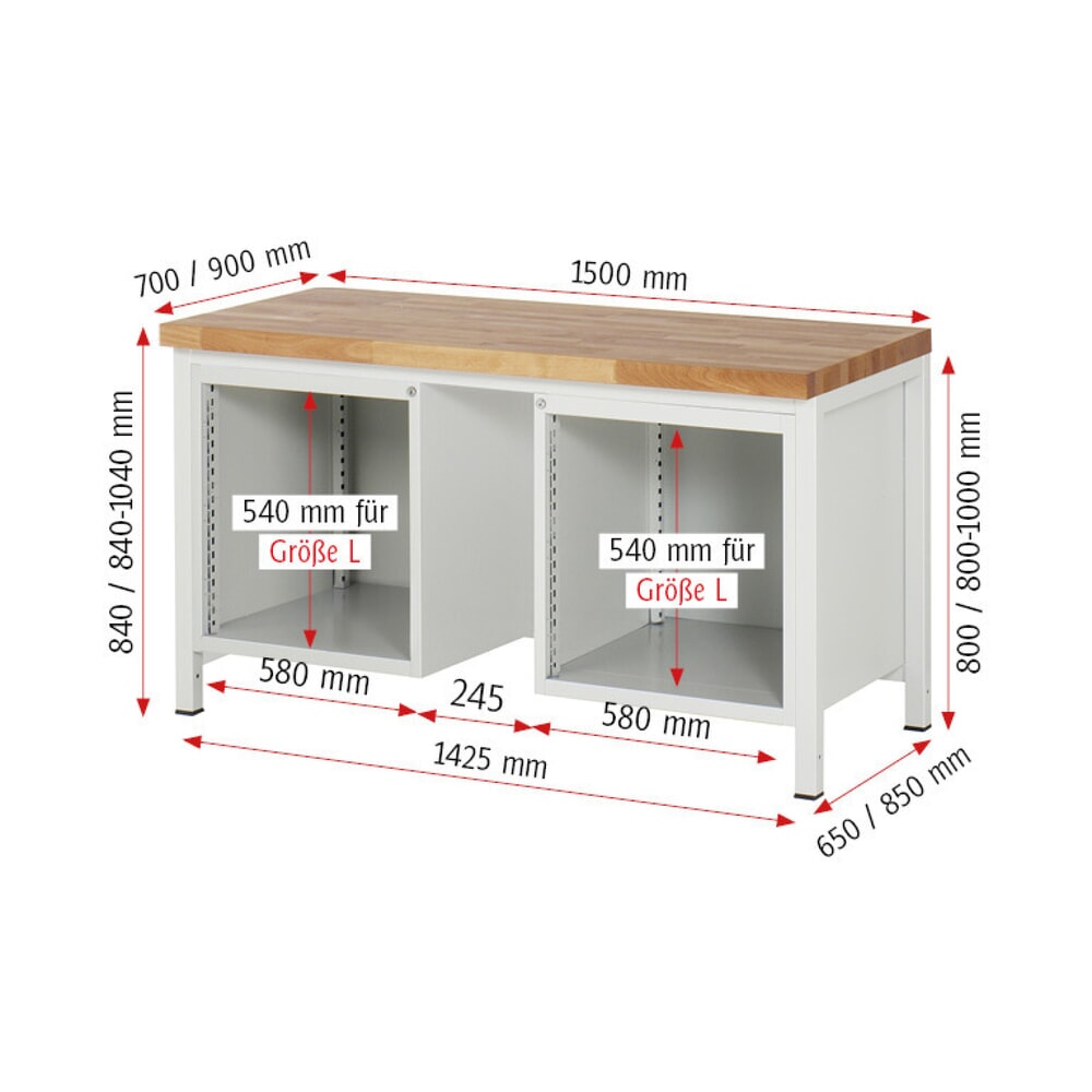 Produktabbildung Nr. 7: RAU Werkbank Serie 8000, 2 Container, HxBxT 840-1.040 x 1.500 x 700 mm, 9 x 90%-Auszug-Schubladen