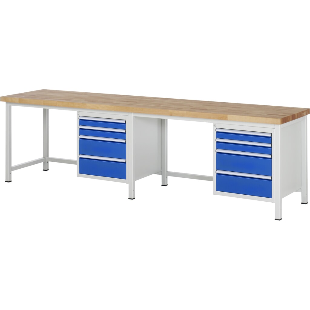 RAU Werkbank Serie 8000, 2 Container, HxBxT 840 x 3.000 x 700 mm, 8 x 90%-Auszug-Schubladen 4 x 90, 4 x 180 mm Produktabbildung: RAU Werkbank Serie 8000, 2 Container, HxBxT 840 x 3.000 x 700 mm, 8 x 90%-Auszug-Schubladen 4 x 90, 4 x 180 mm