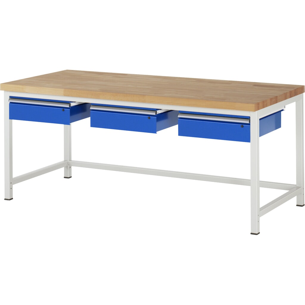 RAU Werkbank Serie 8000, HxBxT 840-1.040 x 2.000 x 900 mm, 3 Schubladen, Schubladen-TK 50 kg Produktabbildung: RAU Werkbank Serie 8000, HxBxT 840-1.040 x 2.000 x 900 mm, 3 Schubladen, Schubladen-TK 50 kg