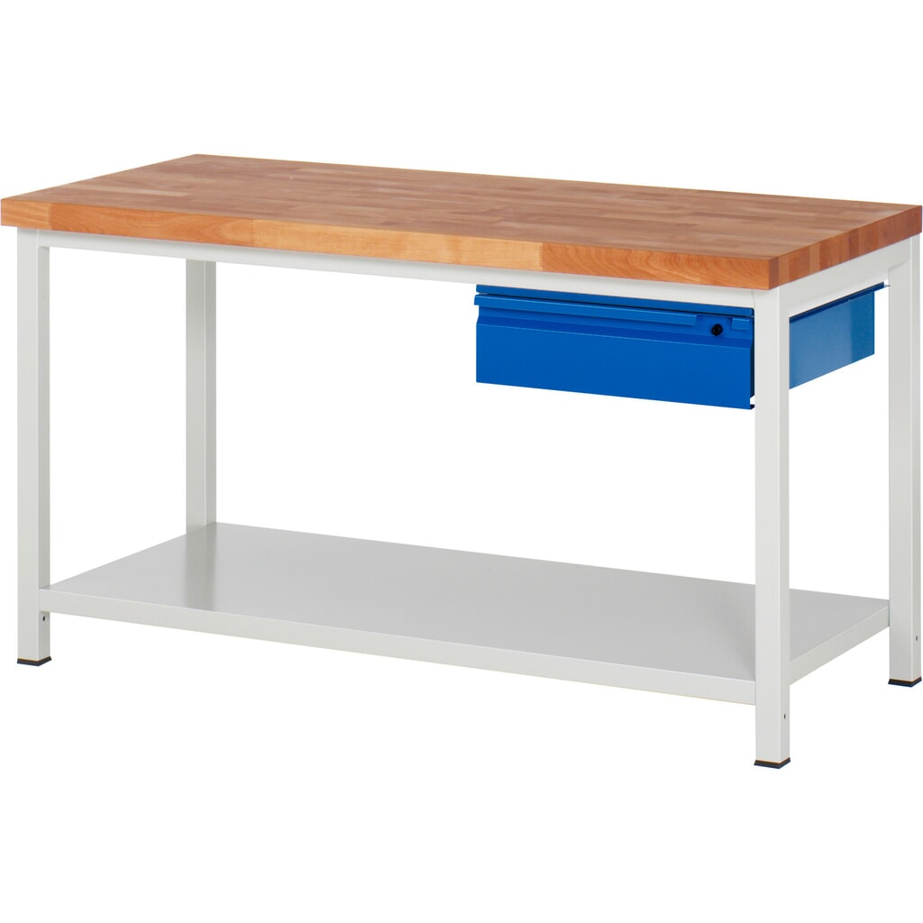 Produktabbildung: RAU Werkbank Serie 8000, Buche-Massiv-Arbeitsplatte, Stärke 40 mm, HxBxT 840 x 1.500 x 700 mm, 1 Schublade, 1 Ablageboden Tiefe 650 mm