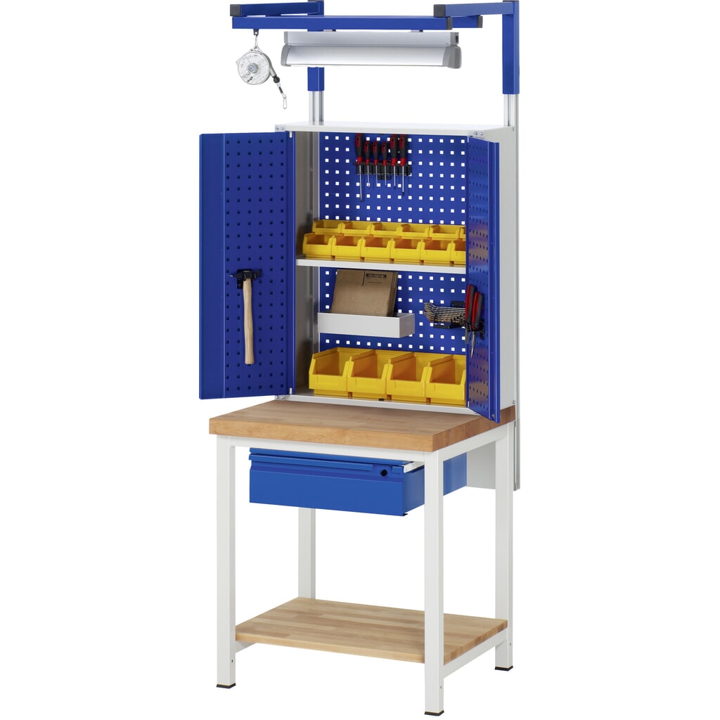 Produktabbildung Nr. 8: RAU Werkbank Serie 8000, Buche-Massiv-Arbeitsplatte, Stärke 40 mm, HxBxT 840-1.040 x 750 x 700 mm, 1 Schublade, 1 Ablageboden Tiefe 557 mm