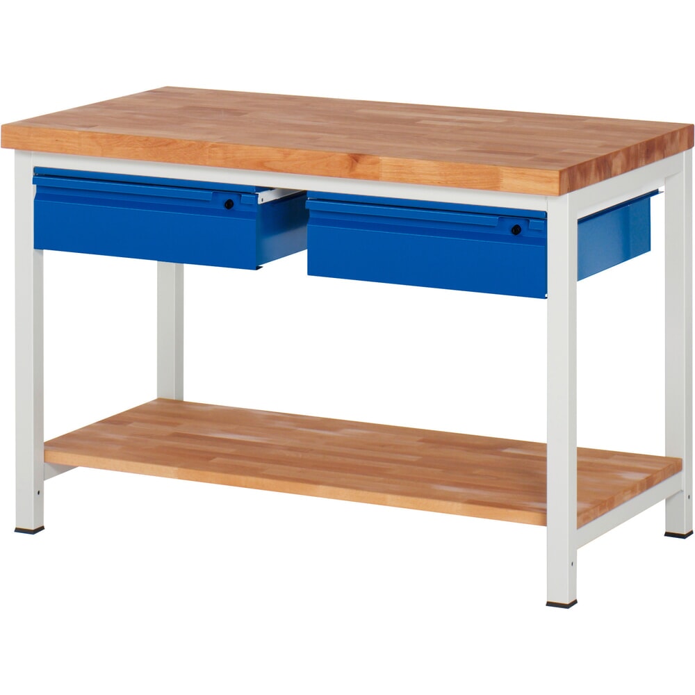 Produktabbildung Nr. 1: RAU Werkbank Serie 8000, Buche-Massiv-Arbeitsplatte, Stärke 40 mm, HxBxT 840 x 1.250 x 700 mm, 2 Schubladen, 1 Ablageboden Tiefe 557 mm