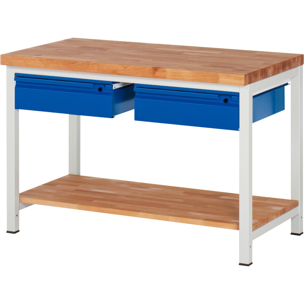 Produktabbildung: RAU Werkbank Serie 8000, Buche-Massiv-Arbeitsplatte, Stärke 40 mm, HxBxT 840-1.040 x 1.250 x 700 mm, 2 Schubladen, 1 Ablageboden Tiefe 557 mm