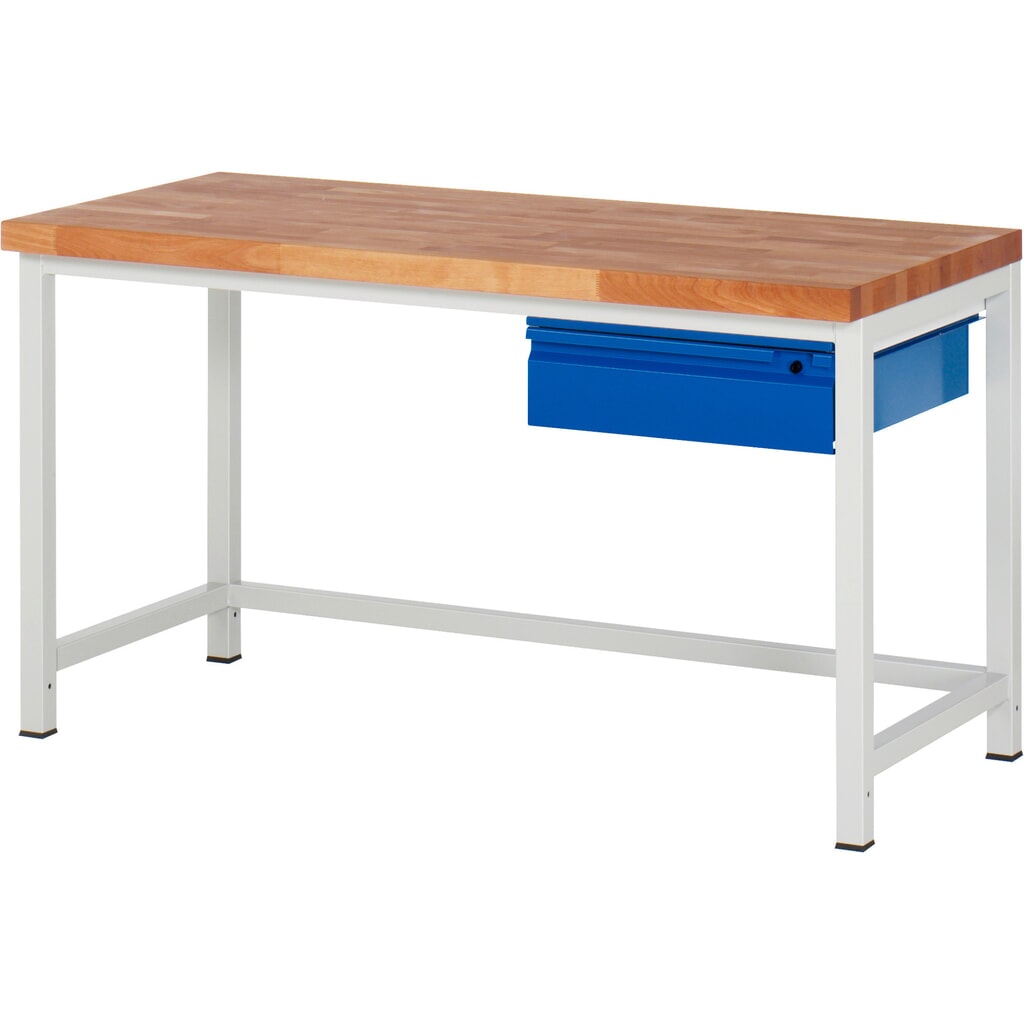 RAU Werkbank Serie 8000, Buche-Massiv-Arbeitsplatte, Stärke 40 mm, HxBxT 840-1.040 x 1.500 x 700 mm, 1 Schublade 1 x 150 mm Produktabbildung: RAU Werkbank Serie 8000, Buche-Massiv-Arbeitsplatte, Stärke 40 mm, HxBxT 840-1.040 x 1.500 x 700 mm, 1 Schublade 1 x 150 mm