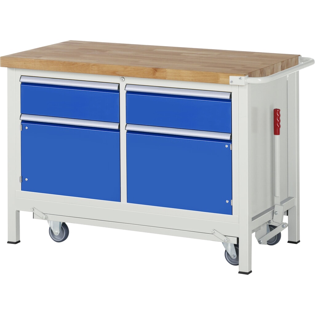 RAU Werkbank Serie 8000 mit absenkbarem Fahrgestell, 1 Doppel-Container, HxBxT 880 x 1.250 x 700 mm, 2 Schubladen 2 x 180 mm, 1 Flügeltür Produktabbildung: RAU Werkbank Serie 8000 mit absenkbarem Fahrgestell, 1 Doppel-Container, HxBxT 880 x 1.250 x 700 mm, 2 Schubladen 2 x 180 mm, 1 Flügeltür