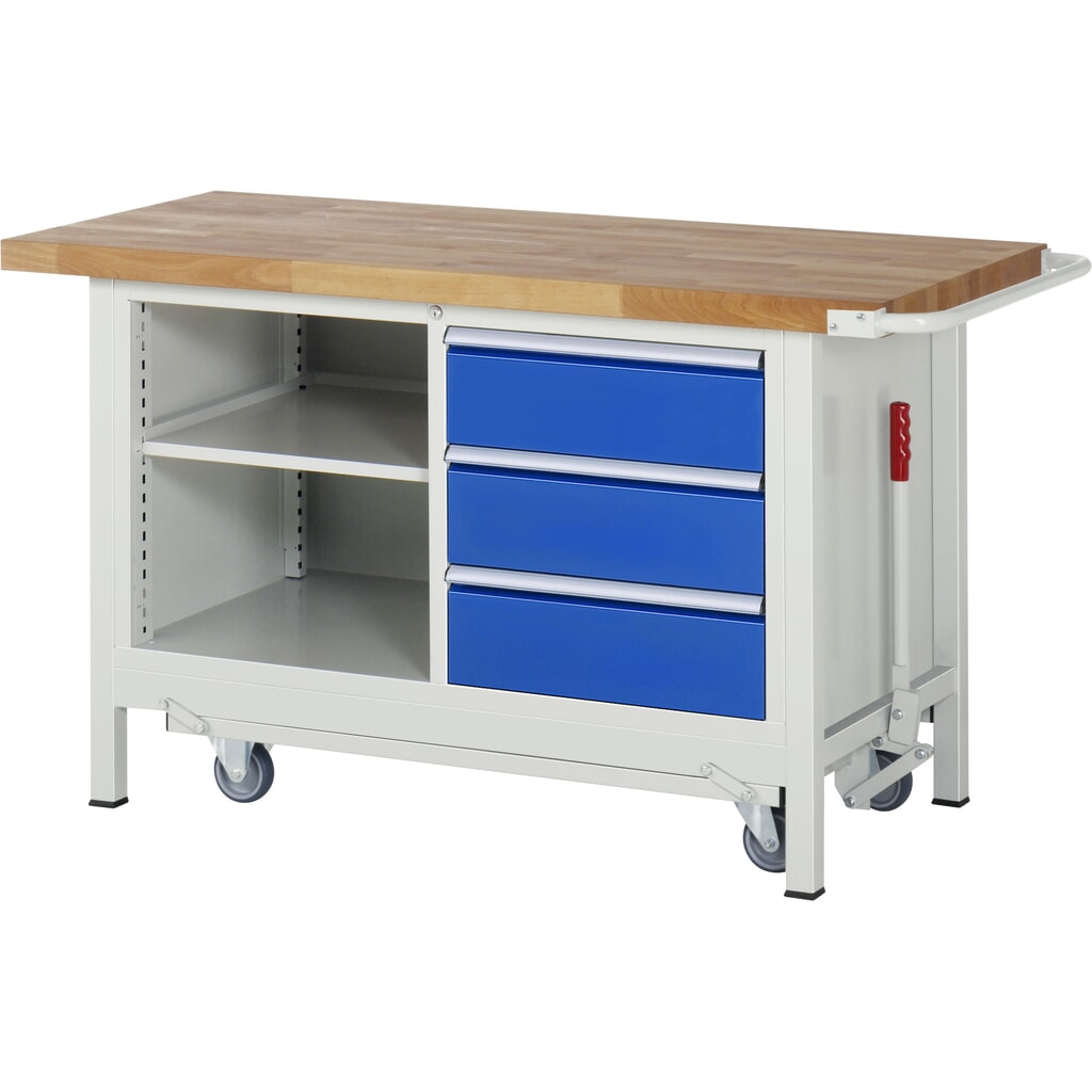 Produktabbildung: RAU Werkbank Serie 8000 mit absenkbarem Fahrgestell, 1 Doppel-Container, HxBxT 880 x 1.500 x 700 mm, 1 Fachboden, 3 x 90%-Auszug-Schubladen, ErgoScript