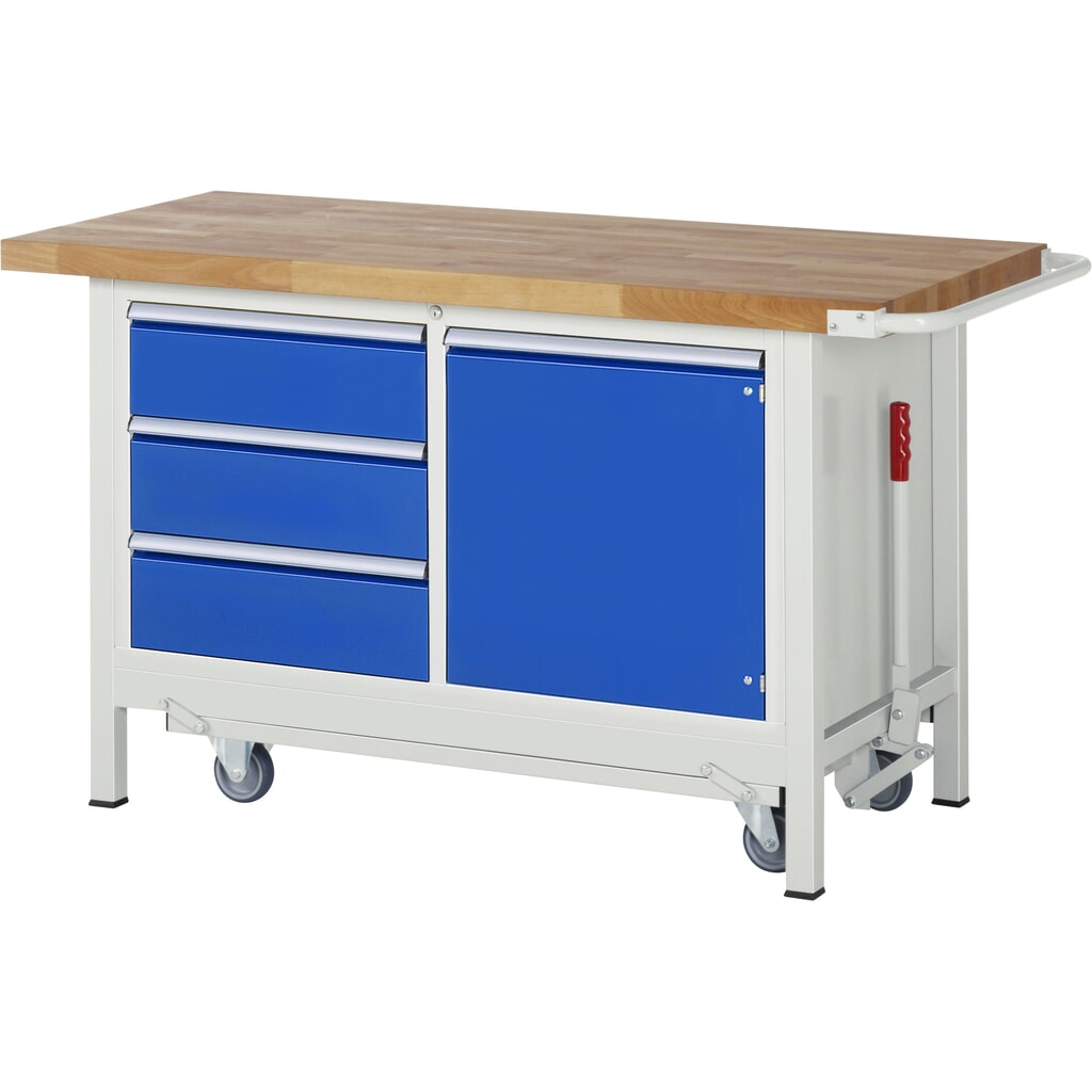 RAU Werkbank Serie 8000 mit absenkbarem Fahrgestell, 1 Doppel-Container, HxBxT 880 x 1.500 x 700 mm, 1 Flügeltür, 3 x 90%-Auszug-Schubladen, ErgoScript Produktabbildung: RAU Werkbank Serie 8000 mit absenkbarem Fahrgestell, 1 Doppel-Container, HxBxT 880 x 1.500 x 700 mm, 1 Flügeltür, 3 x 90%-Auszug-Schubladen, ErgoScript