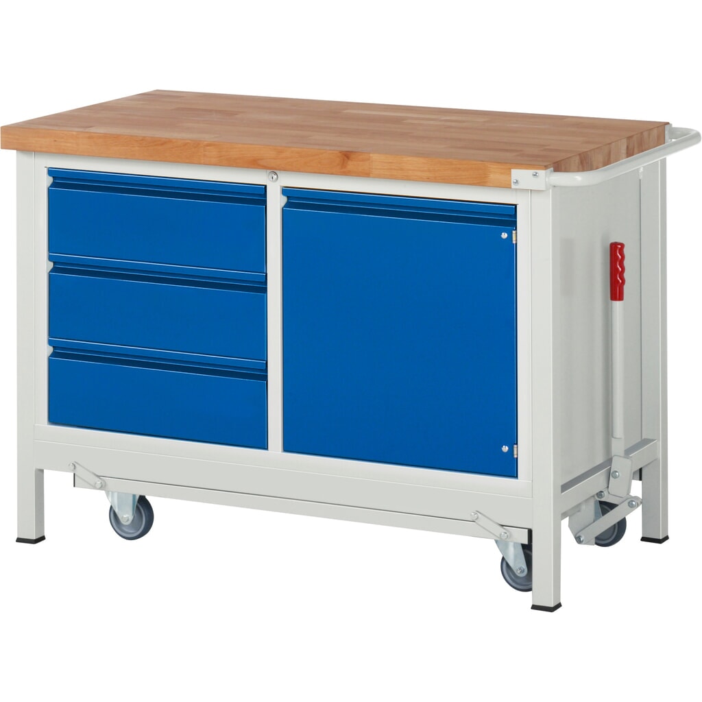 Produktabbildung Nr. 1: RAU Werkbank Serie 8000 mit absenkbarem Fahrgestell, 1 Doppel-Container, HxBxT 880 x 1.250 x 700 mm, 1 Flügeltür, 3 x 90%-Auszug-Schubladen, integrierte Griffleiste