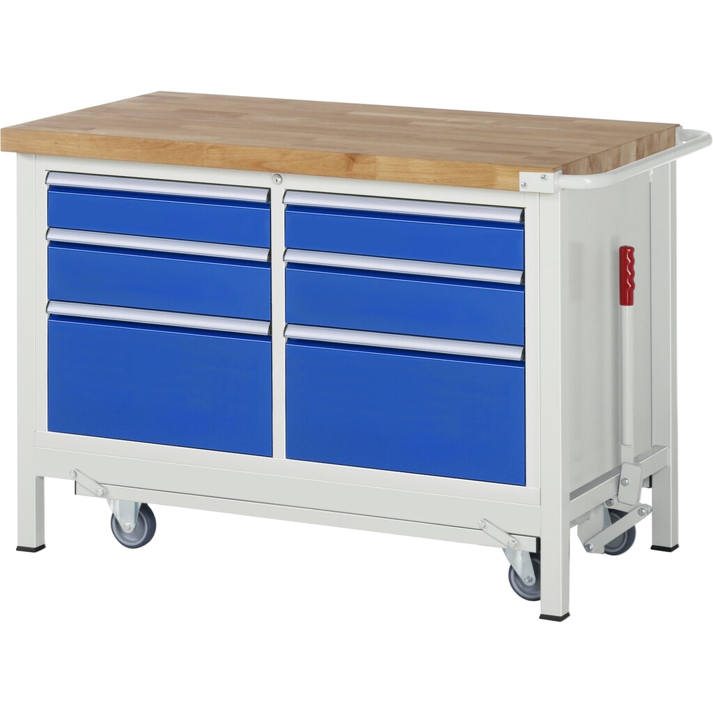 RAU Werkbank Serie 8000 mit absenkbarem Fahrgestell, 1 Doppel-Container, HxBxT 880 x 1.250 x 700 mm, 6 x 90%-Auszug-Schubladen 2 x 120 mm, 2 x 150 mm, 2 x 270 mm Produktabbildung: RAU Werkbank Serie 8000 mit absenkbarem Fahrgestell, 1 Doppel-Container, HxBxT 880 x 1.250 x 700 mm, 6 x 90%-Auszug-Schubladen 2 x 120 mm, 2 x 150 mm, 2 x 270 mm