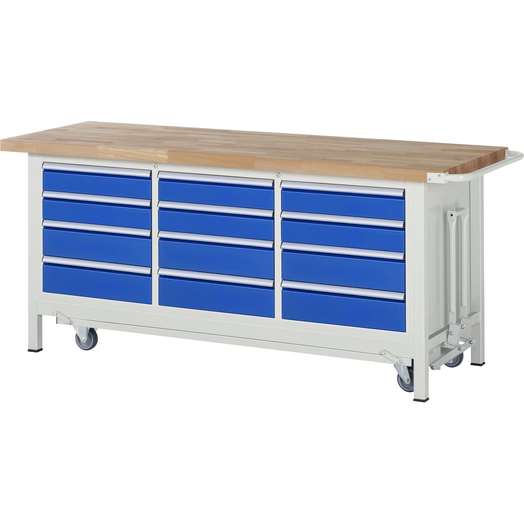 RAU Werkbank Serie 8000 mit absenkbarem Fahrgestell, 1 Dreifach-Container, HxBxT 880 x 2.000 x 700 mm, 12 x 90%-Auszug-Schubladen Produktabbildung: RAU Werkbank Serie 8000 mit absenkbarem Fahrgestell, 1 Dreifach-Container, HxBxT 880 x 2.000 x 700 mm, 12 x 90%-Auszug-Schubladen