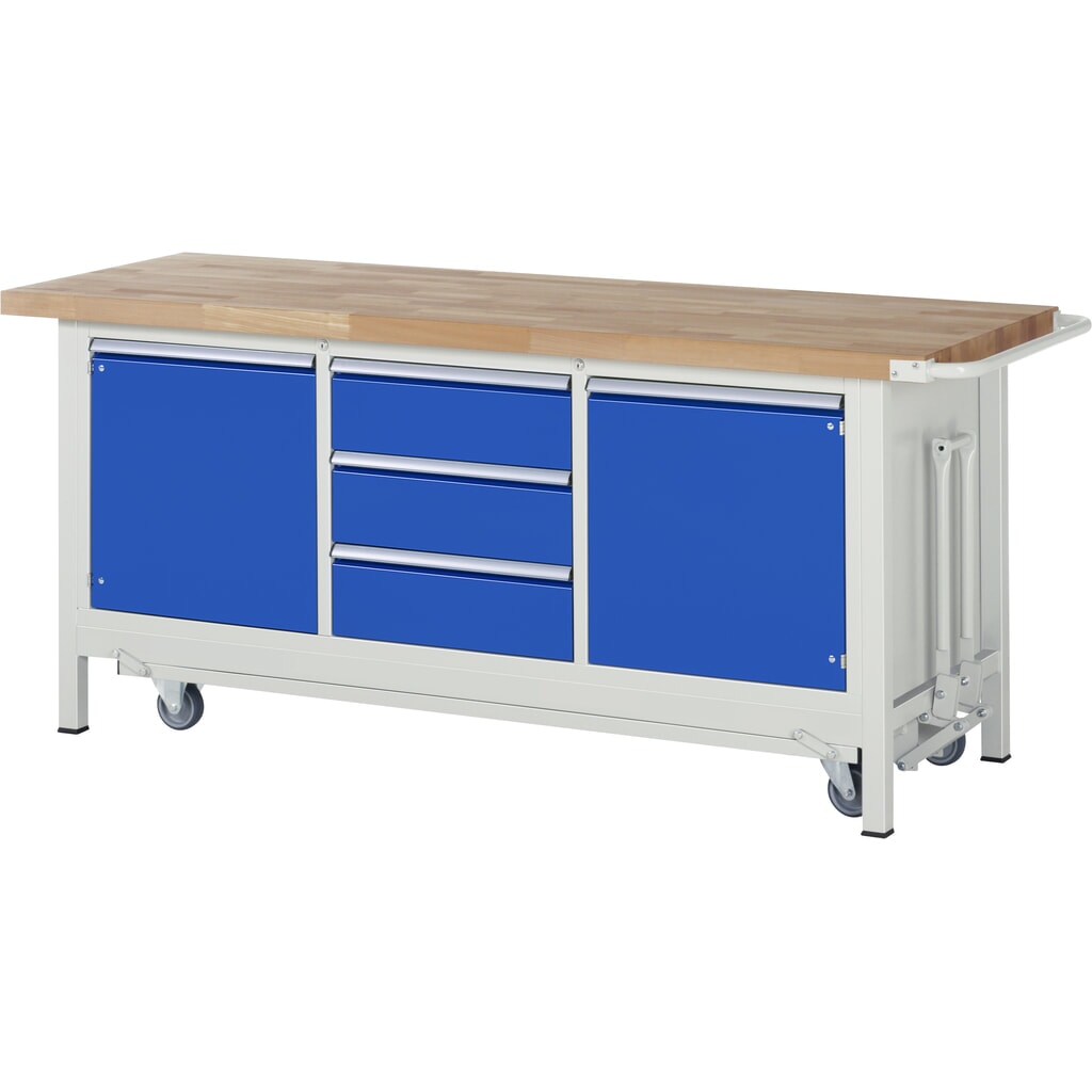 Produktabbildung: RAU Werkbank Serie 8000 mit absenkbarem Fahrgestell, 1 Dreifach-Container, HxBxT 880 x 2.000 x 700 mm, 2 Flügeltüren, 3 x 90%-Auszug-Schubladen, ErgoScript