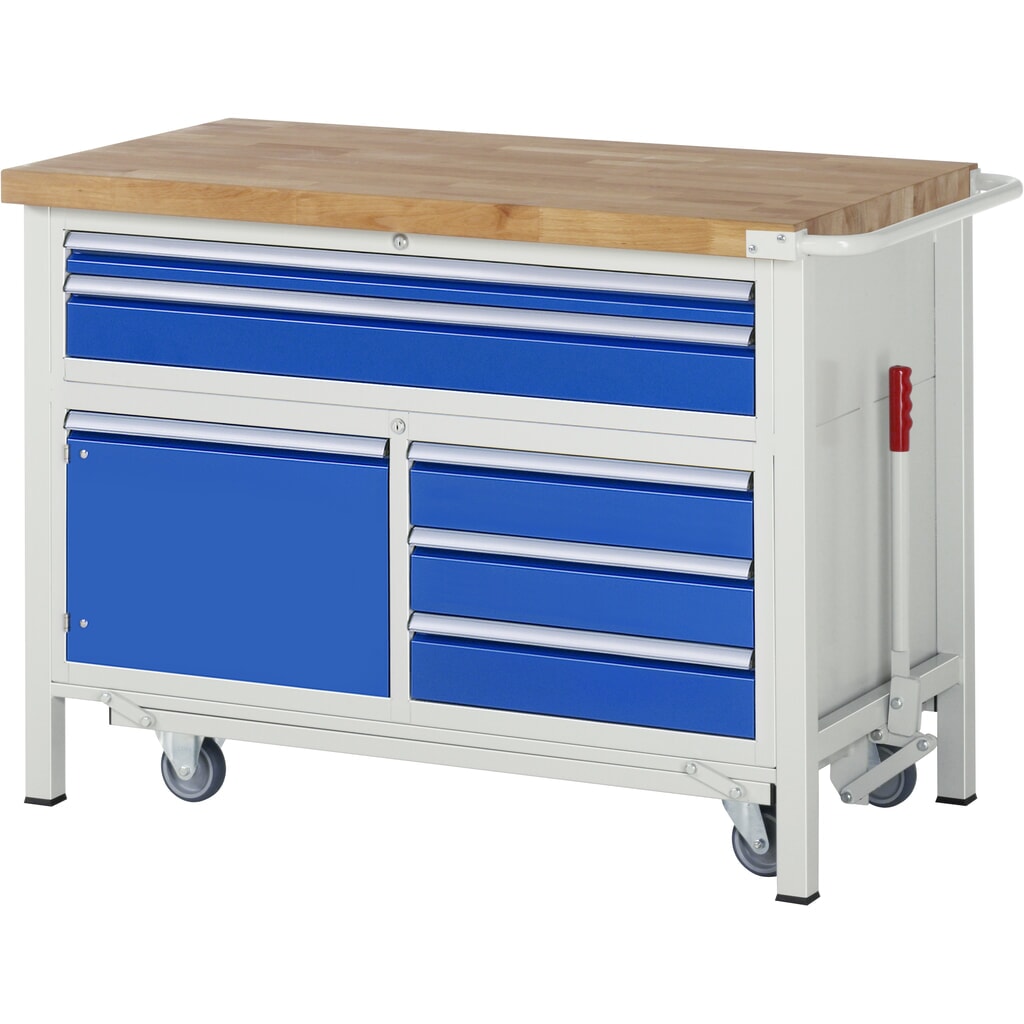 RAU Werkbank Serie 8000 mit absenkbarem Fahrgestell, 1 Dreifach-Container, HxBxT 920 x 1.250 x 700 mm, 5 x 90%-Auszug-Schubladen, 1 Flügeltür Produktabbildung: RAU Werkbank Serie 8000 mit absenkbarem Fahrgestell, 1 Dreifach-Container, HxBxT 920 x 1.250 x 700 mm, 5 x 90%-Auszug-Schubladen, 1 Flügeltür