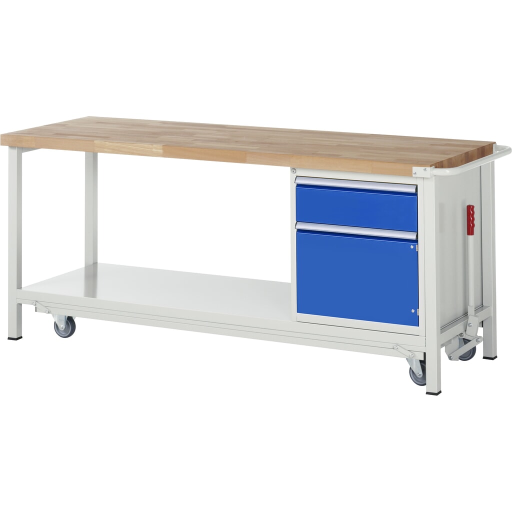 RAU Werkbank Serie 8000 mit absenkbarem Fahrgestell, 1 Container, 1 Ablageboden, HxBxT 880 x 2.000 x 700 mm, 1 x 90%-Auszug-Schubladen, 1 Flügeltür, ErgoScript Produktabbildung: RAU Werkbank Serie 8000 mit absenkbarem Fahrgestell, 1 Container, 1 Ablageboden, HxBxT 880 x 2.000 x 700 mm, 1 x 90%-Auszug-Schubladen, 1 Flügeltür, ErgoScript