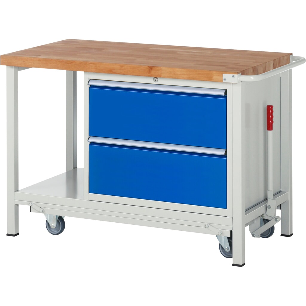 RAU Werkbank Serie 8000 mit absenkbarem Fahrgestell, 1 Container, 1 Ablageboden, HxBxT 880 x 1.250 x 700 mm, 2 x 90%-Auszug-Schubladen Produktabbildung: RAU Werkbank Serie 8000 mit absenkbarem Fahrgestell, 1 Container, 1 Ablageboden, HxBxT 880 x 1.250 x 700 mm, 2 x 90%-Auszug-Schubladen