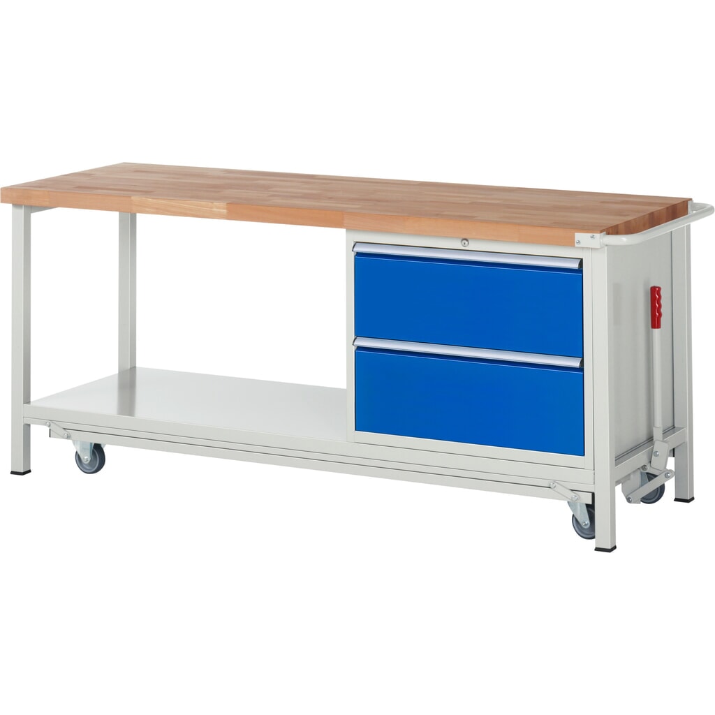 Produktabbildung: RAU Werkbank Serie 8000 mit absenkbarem Fahrgestell, 1 Container, 1 Ablageboden, HxBxT 880 x 2.000 x 700 mm, 2 x 100%-Auszug-Schubladen