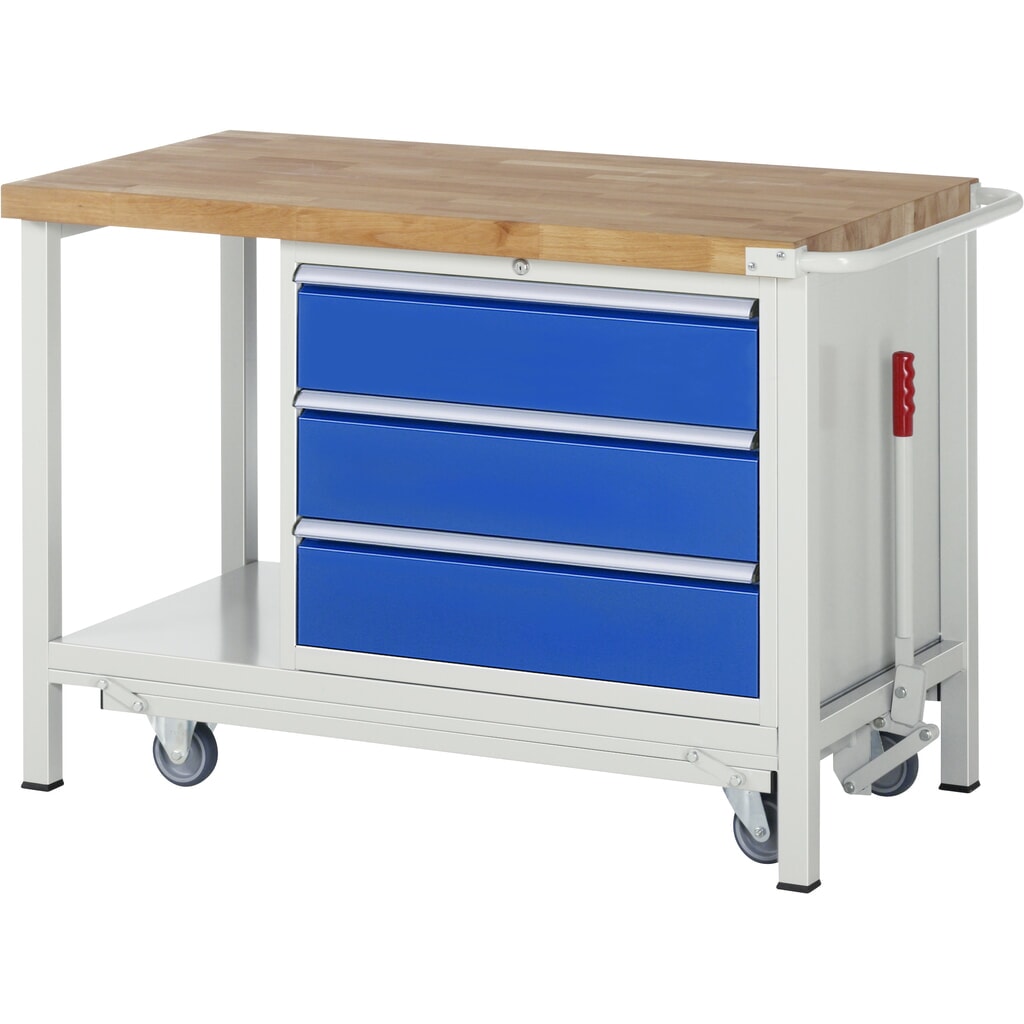 Produktabbildung: RAU Werkbank Serie 8000 mit absenkbarem Fahrgestell, 1 Container, 1 Ablageboden, HxBxT 880 x 1.250 x 700 mm, 3 x 90%-Auszug-Schubladen, Breite 680 mm, ErgoScript