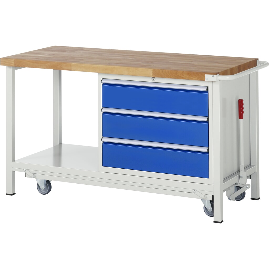 RAU Werkbank Serie 8000 mit absenkbarem Fahrgestell, 1 Container, 1 Ablageboden, HxBxT 880 x 1.500 x 700 mm, 3 x 90%-Auszug-Schubladen, Breite 680 mm, ErgoScript Produktabbildung: RAU Werkbank Serie 8000 mit absenkbarem Fahrgestell, 1 Container, 1 Ablageboden, HxBxT 880 x 1.500 x 700 mm, 3 x 90%-Auszug-Schubladen, Breite 680 mm, ErgoScript