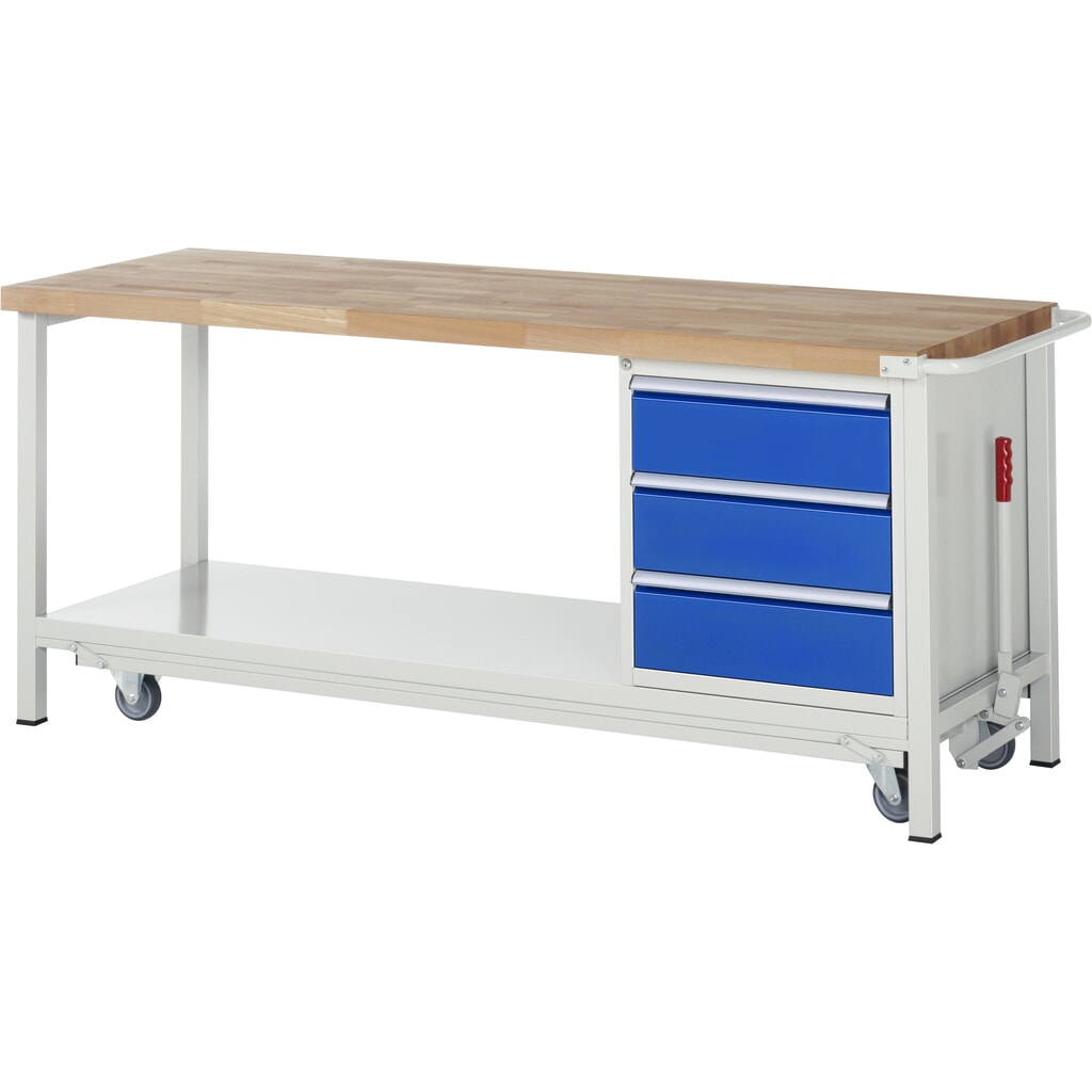 Produktabbildung: RAU Werkbank Serie 8000 mit absenkbarem Fahrgestell, 1 Container, 1 Ablageboden, HxBxT 880 x 2.000 x 700 mm, 3 x 90%-Auszug-Schubladen, Breite 490 mm, ErgoScript