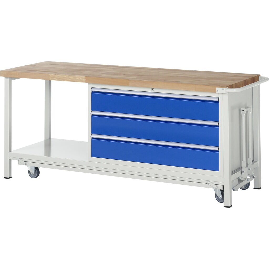 RAU Werkbank Serie 8000 mit absenkbarem Fahrgestell, 1 Container, 1 Ablageboden, HxBxT 880 x 2.000 x 700 mm, 3 x 100%-Auszug-Schubladen, Breite 1.055 mm, ErgoScript Produktabbildung: RAU Werkbank Serie 8000 mit absenkbarem Fahrgestell, 1 Container, 1 Ablageboden, HxBxT 880 x 2.000 x 700 mm, 3 x 100%-Auszug-Schubladen, Breite 1.055 mm, ErgoScript
