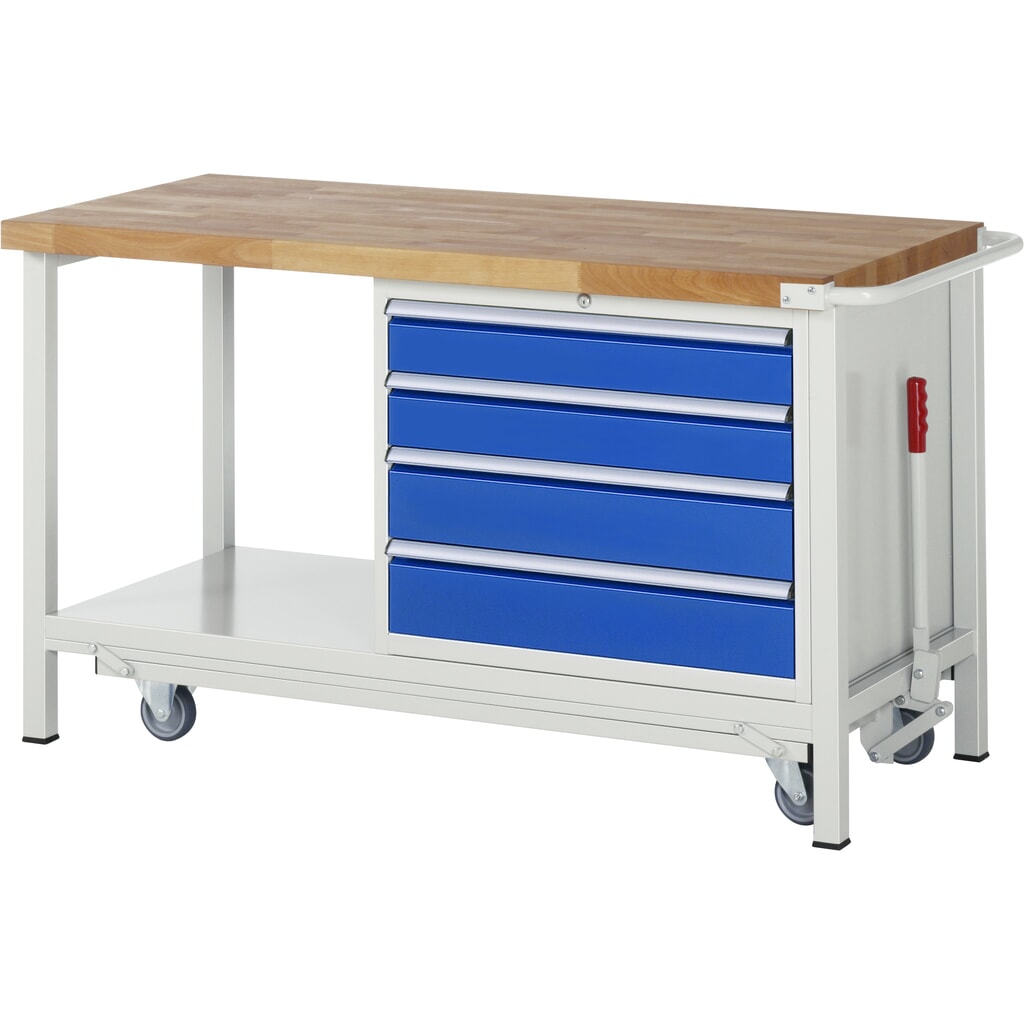 RAU Werkbank Serie 8000 mit absenkbarem Fahrgestell, 1 Container, 1 Ablageboden, HxBxT 880 x 1.500 x 700 mm, 4 x 90%-Auszug-Schubladen, Breite 680 mm Produktabbildung: RAU Werkbank Serie 8000 mit absenkbarem Fahrgestell, 1 Container, 1 Ablageboden, HxBxT 880 x 1.500 x 700 mm, 4 x 90%-Auszug-Schubladen, Breite 680 mm