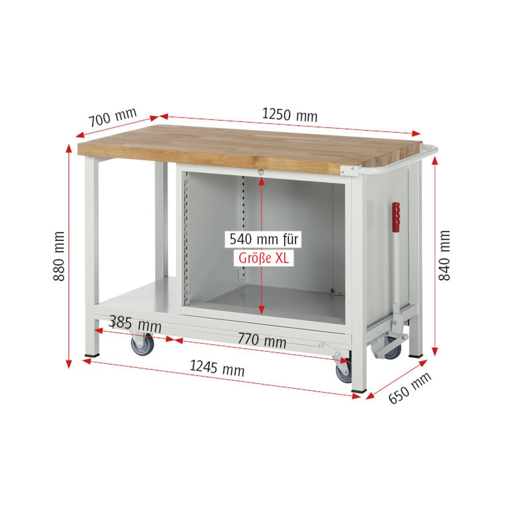 Produktabbildung Nr. 9: RAU Werkbank Serie 8000 mit absenkbarem Fahrgestell, 1 Container, 1 Ablageboden, HxBxT 880 x 1.250 x 700 mm, 2 x 100%-Auszug-Schubladen