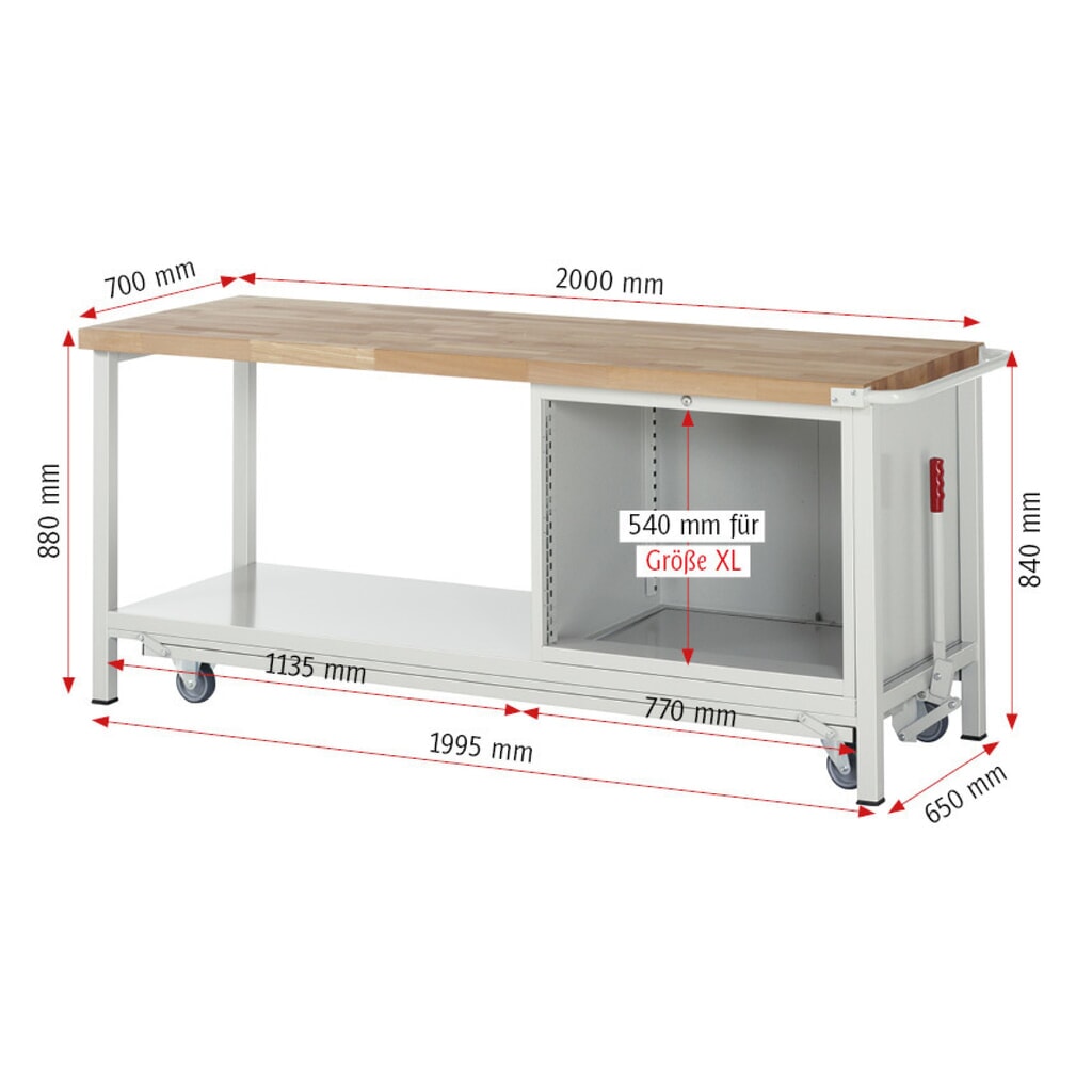 Produktabbildung Nr. 9: RAU Werkbank Serie 8000 mit absenkbarem Fahrgestell, 1 Container, 1 Ablageboden, HxBxT 880 x 2.000 x 700 mm, 2 x 100%-Auszug-Schubladen