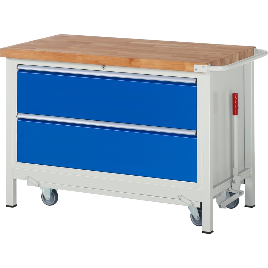 Produktabbildung: RAU Werkbank Serie 8000 mit absenkbarem Fahrgestell, 1 Container, HxBxT 880 x 1.250 x 700 mm, 2 x 100%-Auszug-Schubladen, Breite 1.055 mm