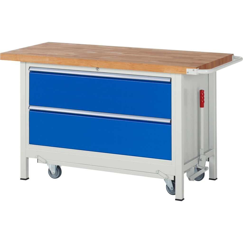 RAU Werkbank Serie 8000 mit absenkbarem Fahrgestell, 1 Container, HxBxT 880 x 1.500 x 700 mm, 2 x 90%-Auszug-Schubladen, Breite 1.055 mm Produktabbildung: RAU Werkbank Serie 8000 mit absenkbarem Fahrgestell, 1 Container, HxBxT 880 x 1.500 x 700 mm, 2 x 90%-Auszug-Schubladen, Breite 1.055 mm